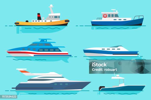 Vessels With Various Functions Illustrations Set - Arte vetorial de stock e mais imagens de Veículo Aquático - Veículo Aquático, Ferry, Ilustração