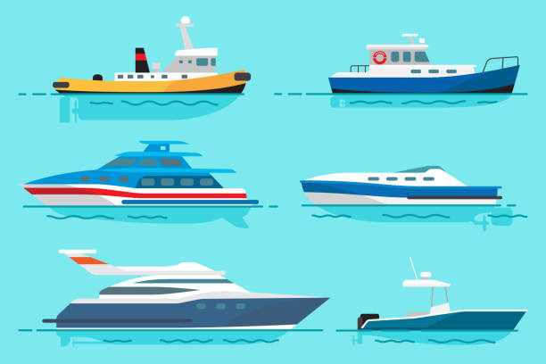 Vessels with Various Functions Illustrations Set Small steamer, blue fishing boat, modern luxury yachts for sea walks and simple motor boat stand on water surface vector illustration. ferry stock illustrations