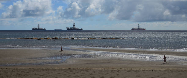 istock Beach with people walking on the sand and ships 1172534574