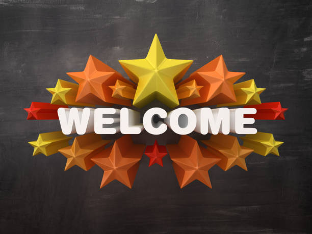 istock Colorful Stars with WELCOME Word on Chalkboard Background - 3D Rendering 1172534728