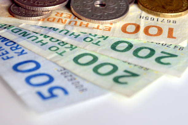덴마크 통화, 지폐 및 동전 - currency exchange global finance currency european union currency 뉴스 사진 이미지