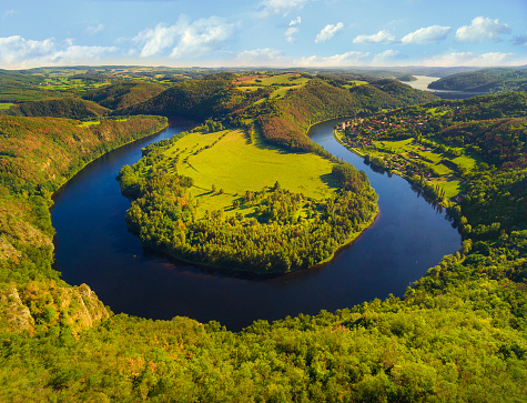 Horseshoe shape of Vltava River. Aerial view to amazing scenery close The Orlik reservoir. Most beautiful landscape in Czech Republic, Central Europe.e