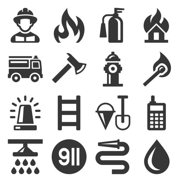 zestaw ikon strażaka i straży pożarnej. wektor - car fire accident land vehicle stock illustrations