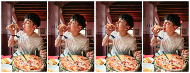 Image Montage of a Young Man Eating Pizza