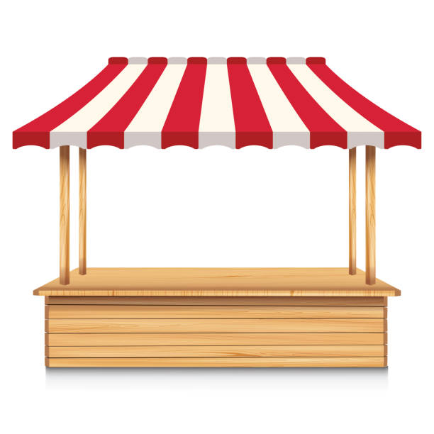 istock Wooden market stall with red awning on a white background. 1172541620