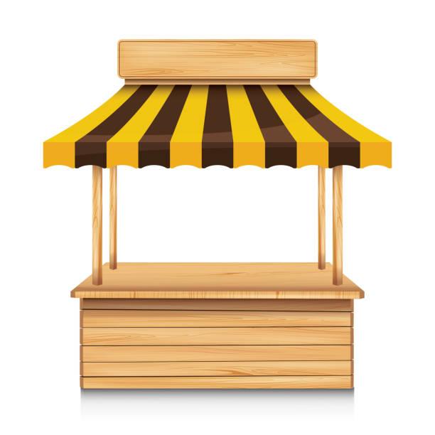 деревянный уличный киоск с желтым и коричневым тентом на белом фоне. - sale shelf bookshelf wood stock illustrations