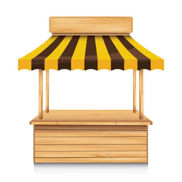 istock Wood street stall with yellow and brown awning on white background. 1172542476