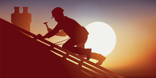 Concept of risky work with a carpenter working on a roof Building trade with a roofer on the roof of a house who lays tiles. Crouching on a frame, he works in extreme heat. insurance agent illustrations stock illustrations