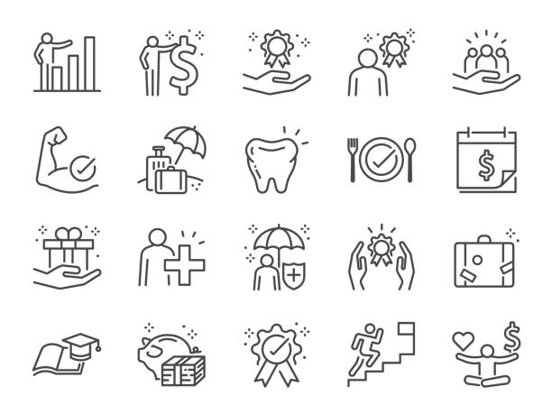 Employees benefits line icon set. Included icons as Teamwork, people relationship, Growth chart, staff perks, insurance and more. Employees benefits line icon set. Included icons as Teamwork, people relationship, Growth chart, staff perks, insurance and more. benefits stock illustrations