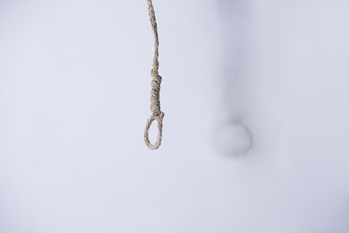 Gallows hanging rope knot tied noose white isolated