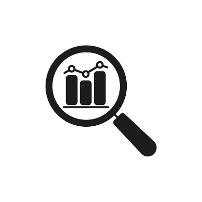 Data analysis line icon with business graph or chart with magnifier.