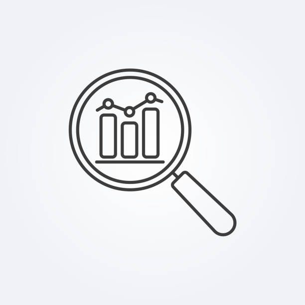 돋보기가 있는 비즈니스 그래프 또는 차트가 있는 데이터 분석 선 아이콘입니다. - seo design search engine magnifying glass stock illustrations