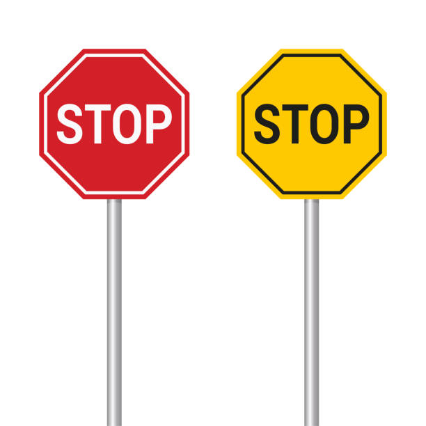 illustrazioni stock, clip art, cartoni animati e icone di tendenza di segnale di stop rosso e giallo. insieme di due segni vettoriali realistici - white background car vehicle part brake