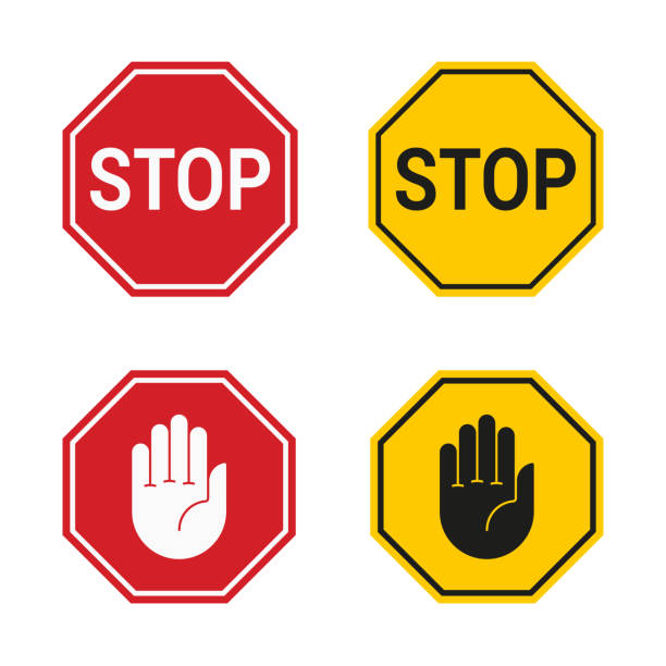 illustrations, cliparts, dessins animés et icônes de signe classique d'arrêt et signe d'arrêt avec la main d'isolement sur le fond blanc. icône de vecteur - panneau stop