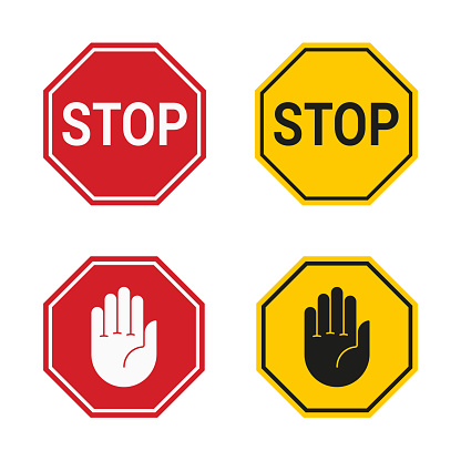 Classic stop sign and stop sign with hand isolated on white background. Vector icon