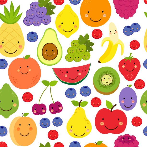 ilustraciones, imágenes clip art, dibujos animados e iconos de stock de bonita fruta paraíso fondo sin costuras con varios personajes de frutas - backgrounds banana berry fruit blended drink