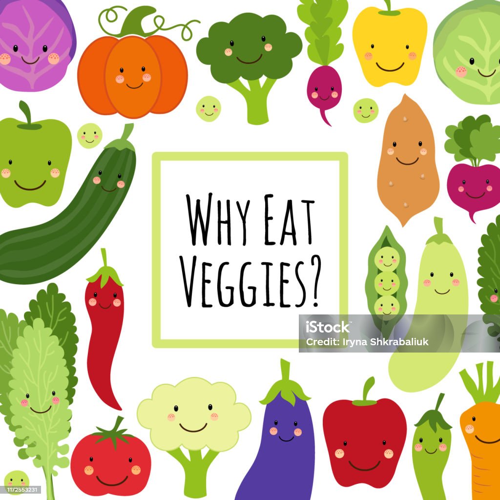 Ilustración de Lindo Comer Verduras Fondo Con Personajes De Dibujos Animados  Sonrientes De Verduras y más Vectores Libres de Derechos de Alegre - iStock