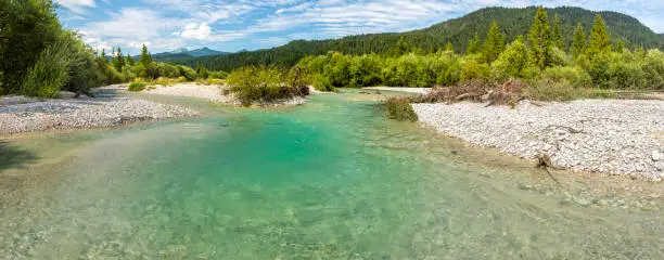 panoramic view to wild river Isar in Bavaria, Germany