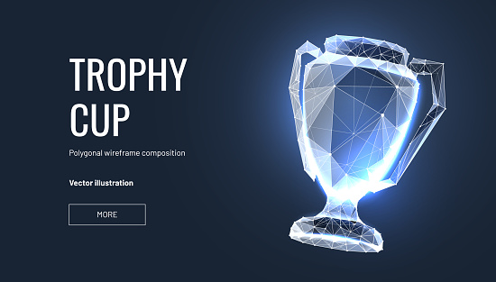 Realistic winner trophy. Polygonal wireframe composition. Concept of gold award for champion. Polygonal abstract isolated on blue background.Particles are connected in a geometric silhouette. Vector illustration