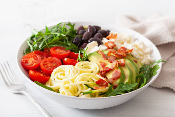 istock ketogenic lunch bowl: spiralized courgette with avocado, tomato, feta cheese, olives, bacon 1172555683