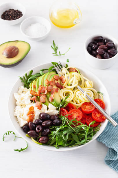 istock ketogenic lunch bowl: spiralized courgette with avocado, tomato, feta cheese, olives, bacon 1172555732
