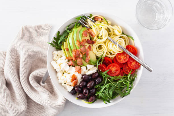 istock ketogenic lunch bowl: spiralized courgette with avocado, tomato, feta cheese, olives, bacon 1172555824