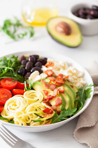 istock ketogenic lunch bowl: spiralized courgette with avocado, tomato, feta cheese, olives, bacon 1172555881