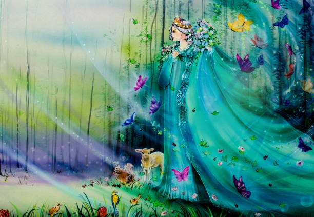Fantasy world with fairies, floating lights and ethereal animals. Handmade airbrushing illustration for children's book. Handmade airbrushing illustration for children's book. beauty in nature illustrations stock illustrations
