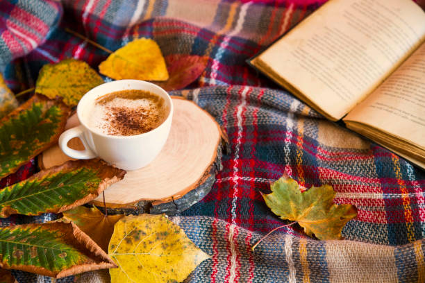 istock Autumn coffee cup with cozy blanket, fall deco warm home weekend with coffee cup, a book and dried leaves, autumn concept, cozy lifestyle rustic view 1172558805