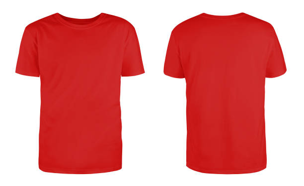 мужская красная пустая футболка шаблон, с двух сторон, естественная форма на невидимом манекене, для вашего дизайна макет для печати, изоли� - красный стоковые фото и изображения