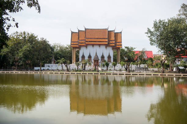 Wat Hong Thong (golden swan), a Thai temple that is built into the sea. At Chachoengsao, Thailand.