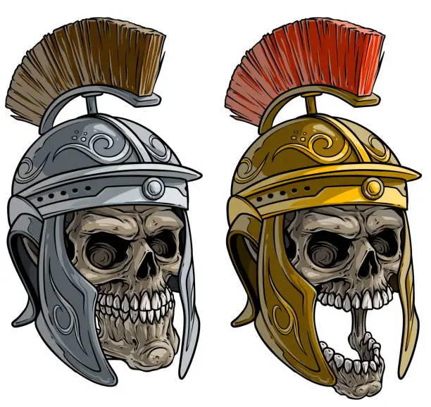 Vector illustration of Cartoon human skulls in roman soldier helmet