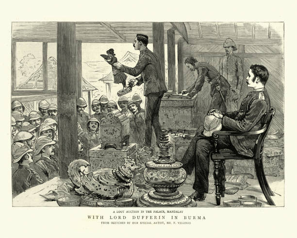 Vintage engraving of Loot auction in the Palace, Mandalay, British conquest of Burma, 19th Century