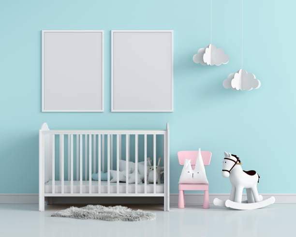 Two blank photo frame for mockup, 3D rendering Two blank photo frame for mockup in child room, 3D rendering crib photos stock pictures, royalty-free photos & images