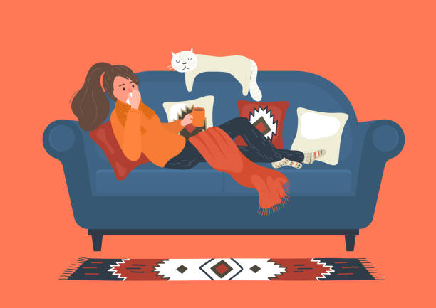 ilustrações de stock, clip art, desenhos animados e ícones de flu. ill woman lays on sofa at home and blowing her nose. - doença ilustrações