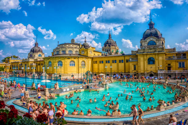 Thermal outdoor pool in Szechenyi baths. Tourist attraction of Hungary stock photo