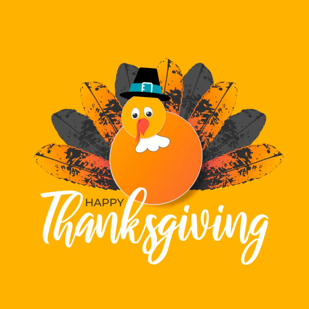 Happy Thanksgiving day concept design greeting card. Cartoon Turkey with Tail of Autumn Leaves. Cute funny bird in pilgrim black hat on yellow background. Vector fall feast illustration Happy Thanksgiving day concept design greeting card. Cartoon Turkey with Tail of Autumn Leaves. Cute funny bird in pilgrim black hat on yellow background. Vector fall feast illustration thanksgiving holiday travel stock illustrations