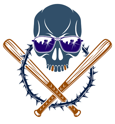 Gang brutal criminal emblem with aggressive skull baseball bats design elements, vector anarchy crime terror retro style, ghetto revolutionary.