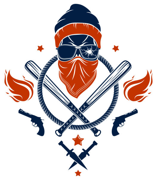 Brutal gangster emblem with aggressive skull baseball bats and other weapons and design elements, vector anarchy crime or terrorism retro style, ghetto revolutionary.