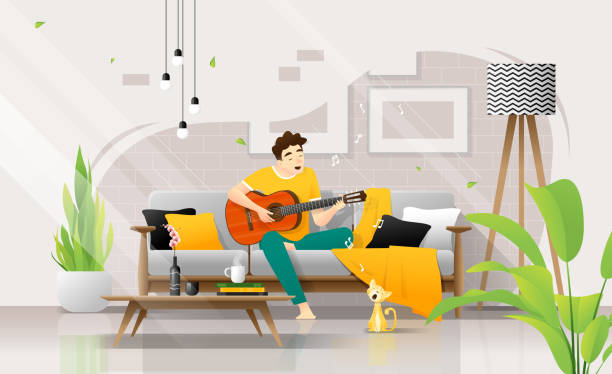 ilustraciones, imágenes clip art, dibujos animados e iconos de stock de joven feliz tocando la guitarra en el sofá en la sala de estar, relajante fin de semana en casa, vector, ilustración - pets table animal cheerful