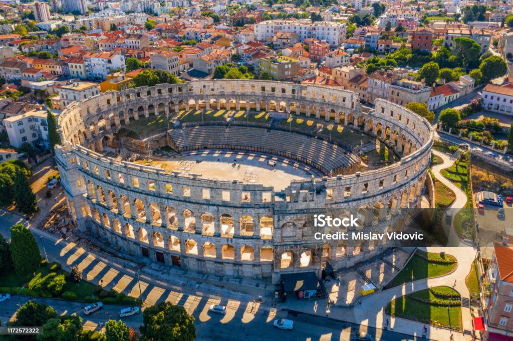 Amphitheater in Pula Amphitheater in Pula, aerial view, Pula, Croatia Pula - Istria Stock Photo