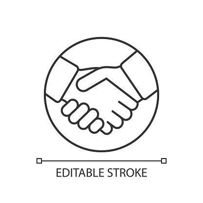 Commitment linear icon. Trust. Thin line illustration. Business deal. Agreement, contract. Handshake. Partnership. Contour symbol. Vector isolated outline drawing. Editable stroke