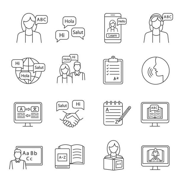 Foreign language learning linear icons set Foreign language learning linear icons set. Speaking club, course, school. Basic language skills. Thin line contour symbols. Isolated vector outline illustrations. Editable stroke french language learn stock illustrations