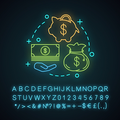 Earn money neon light concept icon. Savings. Investment, deposit. Banking idea. Dollar banknote, piggy bank, money sack. Glowing sign with alphabet, numbers and symbols. Vector isolated illustration