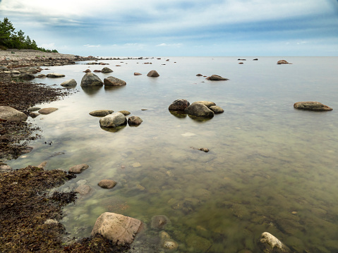 Panoramic view of a rocky coast in the Baltic Sea. Nature background