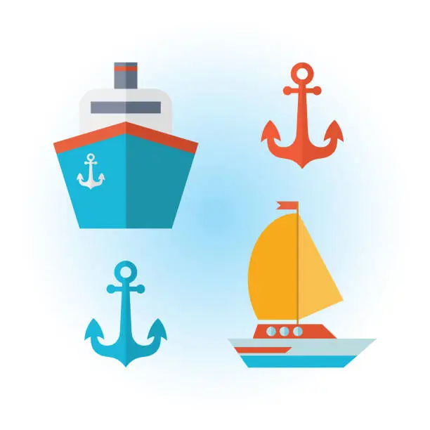 Vector illustration of Set of icons of sea transport in a flat vector. Yacht, boat, sailboat, anchor, cruise ferry, ship. Voyage. Isolated objects on white background