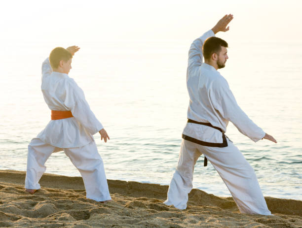 istock Man and boy doing karate poses 1172578226