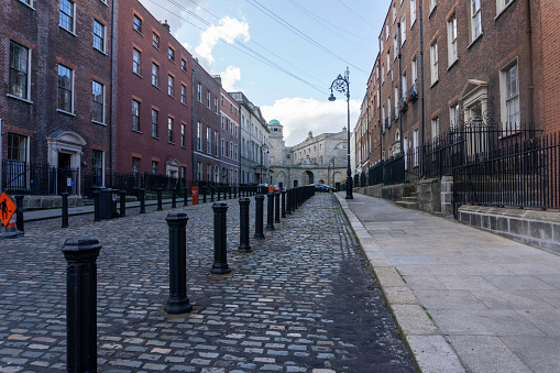 The cobbled streets of Henrietta Street, Dublin, ireland, a street of Georgian town houses built in the 1700s which became a tenement slum in the 19th century.