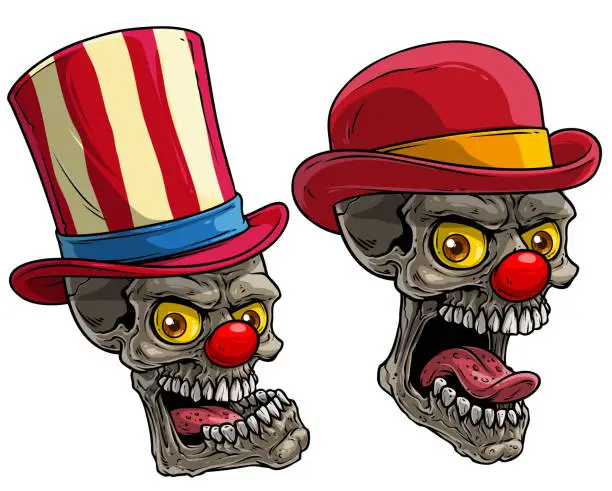 Vector illustration of Cartoon circus clown skull with red noses and hat