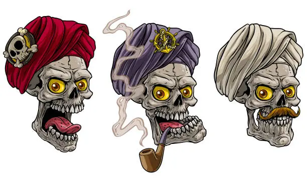 Vector illustration of Cartoon human skulls in traditional indian turban